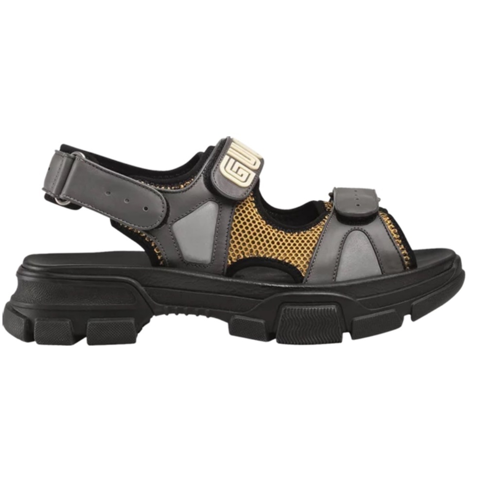 Gucci Sega Leather Mesh Sandal 546064 DIR10 1265 Sz 7 Gray Black Nappa